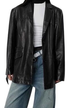Black Leather Blazer Jacket - Women